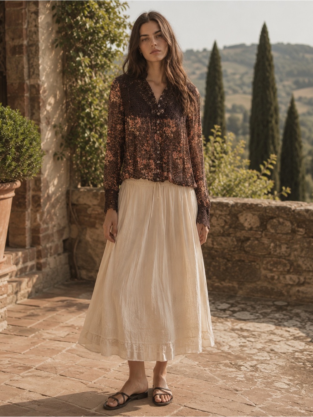 Luisa dark brown Floral Crochet-Yoke Button Front Top